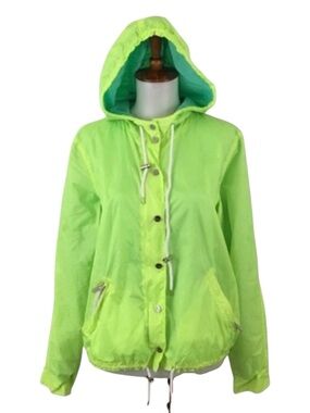 THE MIGHTY COMPANY Neon Green‎ Wind Jacket Women’s S Hood Zip Up Long Sleeve